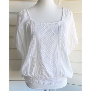 Lucky Brand Women L Shirt Top White Boho  Embroidery Sheer Gauze Elastic Waist